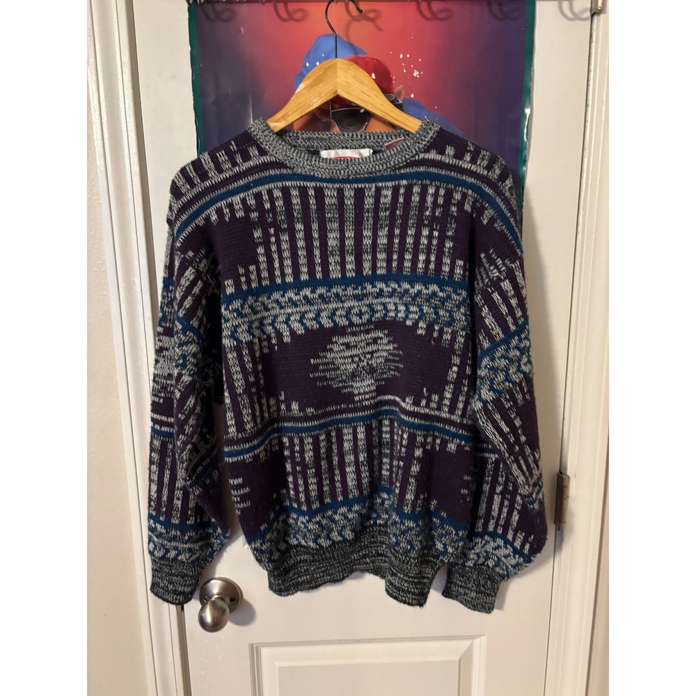 Sergio Men's Geometric Pattern Knit Sweater Purple Blue Gray Size Medium